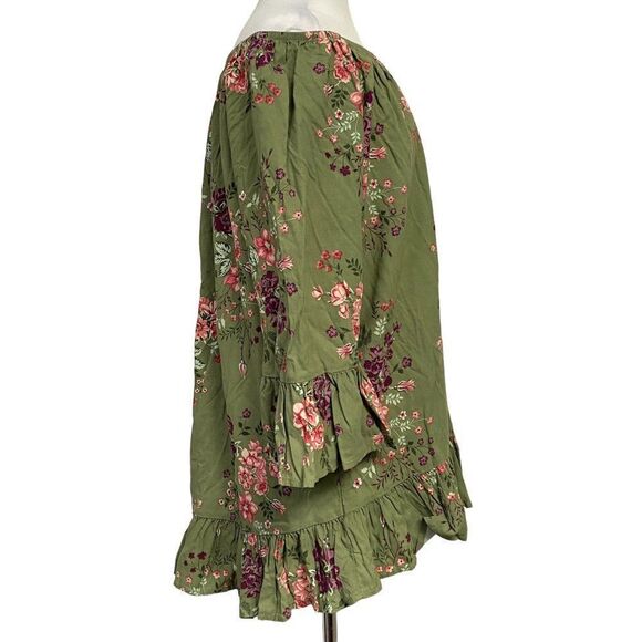 Terra & Sky Ruffled Off Shoulder Floral Peplum Peasant Top 1X Olive Rayon NEW - Picture 3 of 6